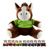 A large brown horse plush toy wearing a green shirt, with smaller horse plush toys in various colours lined up below.