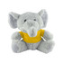 A grey plush elephant wearing a yellow T-shirt, with large ears and a friendly expression.