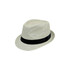 A straw hat in white with a black band, featuring a stylish fedora design and a textured weave.