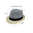 A straw woven top hat with a patterned blue crown and beige brim, featuring a black band. Includes measurements.