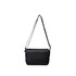 A black polyurethane shoulder bag with a long strap and a flap closure, featuring a logo on the front.
