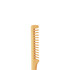 A wide-tooth beech wood comb with a light wooden finish and evenly spaced teeth. It has a branding logo on the handle.