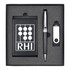 A black gift set containing a pen, a USB drive, and a card holder, all neatly arranged in a black box with a logo.