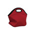 A red neoprene lunch bag with a black trim and handle, featuring a stitched design and a soft, flexible body.