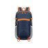 A packable hiking backpack in navy blue with orange accents, featuring multiple compartments and a logo.