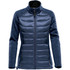 A women's hybrid jacket in navy blue with a mix of padded and soft fabric textures, featuring a high collar and zip closure.