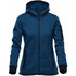 A blue knit hoody with a zip front, featuring a hood and pockets, along with a logo on one sleeve.