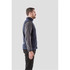 A men's full zip fleece vest in navy, featuring a side view with a high collar and a logo.