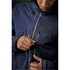 A navy blue men's jacket with a hood, featuring multiple zippered pockets and a sleek design.