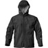 A black men's jacket with a hood, featuring multiple pockets and a logo on the sleeve.