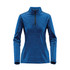 A blue women's base thermal 1/4 zip jumper with long sleeves and a zip at the collar, featuring a logo.