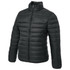 A dark green puffer jacket with a high collar and zippered front, featuring a logo on the sleeve.