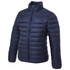 A navy puffer jacket with a stand-up collar and a zip front, featuring a logo on the chest.