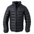 A black puffer jacket with a high collar and zippered front, featuring a logo on the interior.