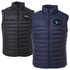 A black and navy puffer vest featuring a logo on the chest, with a zip-up front and quilted design.
