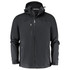 A black men's rain jacket featuring a hood and zippered pockets, with a logo on the front.