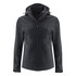 A women's softshell jacket in black with a hood, featuring zip pockets and a sleek design.