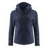 A navy softshell jacket for women featuring a hood and zippered pockets. It includes a logo on the chest.