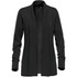 A black women's cardigan with a shawl collar and long sleeves, featuring a logo on the interior.