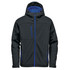 A black insulated softshell jacket with a blue interior and zippers, featuring a logo on the chest.