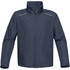 A navy rain jacket featuring a high collar and two zippered pockets, with a logo on the front.