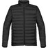A black thermal jacket with a zip closure and a quilted design, featuring a high collar and side pockets.