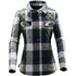 A women's quilted shacket featuring a green, navy, and white plaid pattern, with two front pockets and a collar.