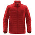 A red quilted jacket featuring a zip front and standing collar, with a logo on the front.