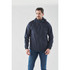 A man is wearing a navy lightweight rain jacket, featuring a hood and a logo on the chest.