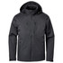 A lightweight black shell jacket with a hood and multiple zippered pockets, featuring a logo on the front.