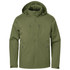 A lightweight green shell jacket with a hood and multiple zippered pockets, featuring a logo on the chest.