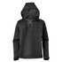 A black women's lightweight rain jacket with a hood and zippered pockets, featuring a logo on the fabric.