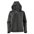 A women's lightweight rain jacket in dark green with a hood, featuring a logo and zippered front pockets.