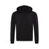 A black unisex sweat hoodie featuring a front pocket and drawstring hood. It has a simple, modern design and includes a logo.