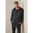 A men's recycled scuba jacket in dark grey with a hood, featuring a logo on the front.