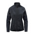 A women's polar fleece jacket in dark grey, featuring a high collar and zippered front with side pockets.