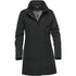 A dark grey women's jacket with a high collar and a sleek design. Features a branding logo.