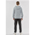 A grey pullover hoody with a hood, featured with a person wearing black pants, viewed from the back.