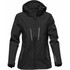 A black women's softshell jacket featuring a hood and zippered pockets, with a logo on the sleeve.