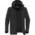 A black men's jacket with a hood and multiple zippered pockets, featuring a logo on the sleeve.
