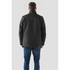 A black men's jacket displayed from the back, featuring a collar and a logo on the upper back.