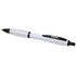 A recycled black pen with a white barrel and black accents, featuring a click mechanism and a logo.