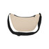 A beige waist bag with a black strap and a zippered compartment, featuring a logo.