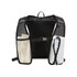 A black and white recycled running vest featuring mesh pockets and a storage compartment for a phone.