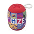 A red Bluetooth speaker with a multicoloured fabric design and a handle at the top. It features a logo on the side.