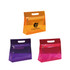 A set of transparent cosmetic pouches in orange, purple, and red, each with a zip and handle. Each pouch features a logo.