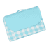 A light blue picnic blanket with a checkered design, neatly folded and secured with a flap. Features a handle for easy carrying.