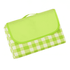 A green and white checkered picnic blanket, with a flap and carry handle, featuring a logo on the front.