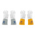 Heat-resistant gloves in grey and yellow with logos. The gloves feature protective cuffs and a sturdy design.