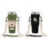 A drink bottle carrier bag featuring a green design with a cartoon character and a black side with a logo.
